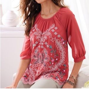 Soft Surroundings Coral Blouse Embroidered Lux Extra Large XL